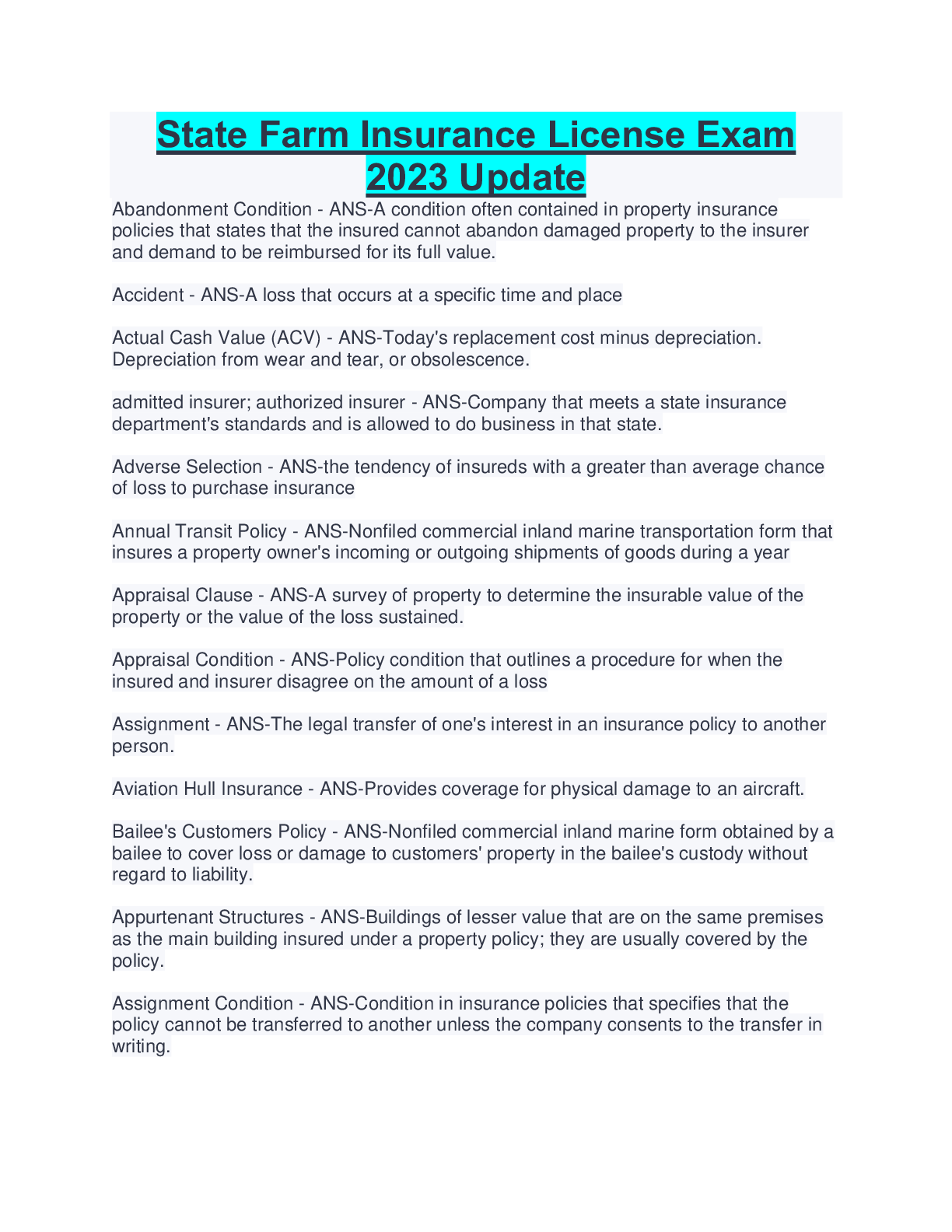 State Farm Insurance License Exam 2023 Update Browsegrades